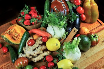 rustic composition of fruit and vegetables in a warm light