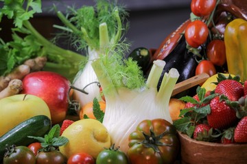 closeup of a rustic composition of fruit and vegetables
