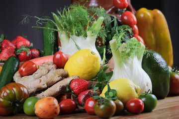 closeup of a rustic composition of fruit and vegetables