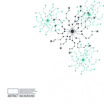 Abstract Background Cover Design With Chaotic Dots And Line, Biomolecular DNA Structure, Biology And Chemistry Web Page Layout