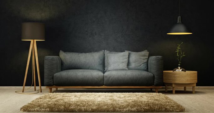 modern living room interior with black sofa