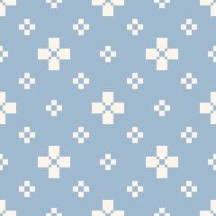 Subtle vector geometric seamless pattern. Simple minimalist abstract texture with small crosses, flower silhouettes, squares. Delicate light blue and white minimal background. Pixel art. Repeat design