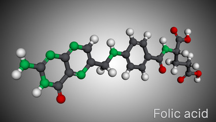 Folic acid, folate molecule. It is known as vitamin B9. Molecular model
