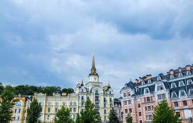 Beautiful multi-colored luxury houses in a classic style of elite city district Vozdvizhenka. Kiev, Ukraine Architecture