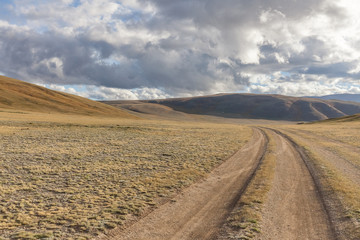 Fototapeta na wymiar Winding dirt road through lush rolling hills of Central Mongolian steppe. Mongolian Altai