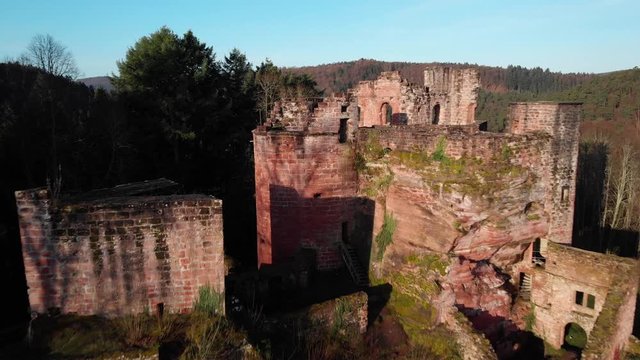 Aerial shot of Neudahn Castle located in the Palatine Forest, Germany.
