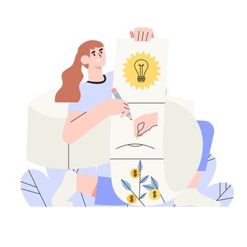 Woman holds schematic plan of a storyboard for digital storytelling or animation. Vector illustration for business or social media, ui, banner, landing page. Story of business or start up growth.
