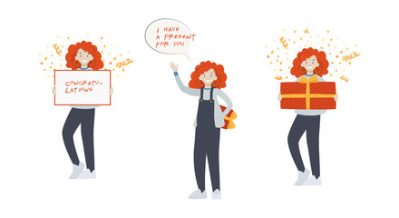 Cartoon girl in overalls. In different poses with a gift and congratulations. Illustration for a holiday with confetti.