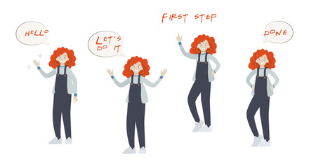 Cartoon happy girl in overalls in various poses. Illustration instruction with steps. To complete courses, assignments, or games