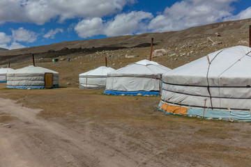 Yurt, a nomadic house on a grass field. in Central Asia. Mongolia