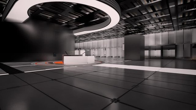 Science fiction interior in futuristic hall. Advanced technology laboratory. Command terminal with hologram data. Acid drums in background. 3D render animation. Parallax moving, wide