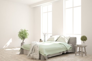 White bedroom interior. Scandinavian design. 3D illustration