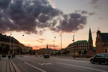Colorful sunset over Copenhagen, Denmark.