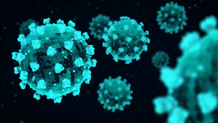 Multiple cyan-colored coronavirus particles on a dark blue background. 3D wireframe render.