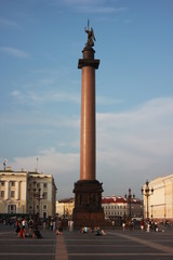 Fototapeta premium Saint Petersburg, Russia : June 2019 -Palace square architecture with Alexander column and historic buildings on summer day. Vintage style postcard of Saint Petersburg cityscape with main city square.