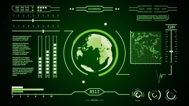 Futuristic display with a projection of the planet earth in middle is looped. Theme of a fantastic control panel with a lot of moving targets. Animated dashboard too much random sets of characters.