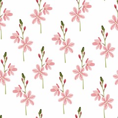 Seamless pattern with bright summer wild garden flowers. Endless vertical texture. Pink flowers on white background.