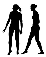 Young beautiful girls in bathing suits on the beach. Isolated silhouettes on a white background