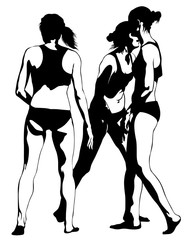 Young beautiful girls in bathing suits on the beach. Isolated silhouettes on a white background