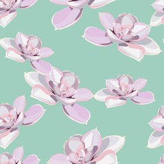 Seamless pattern with violet succulents, mint background. Elegant tender design. Can be used as greeting, wedding background. Best for fabric. Flowers texture.