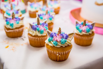 Wedding Dessert Buffet.Cupcake with swirls and flower of creamy.Sweet cookie decoration and details