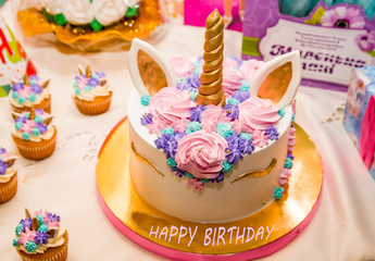 Сandy bar in pink colors for children's birthday.Cake and tasty sweets on table prepared for party.