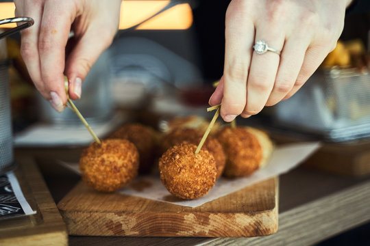 Fried Mac And Cheese Balls Served With Ketch Up, Selective Focus
