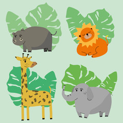 Fototapeta na wymiar African animals elephant, hippopotamus, rhinoceros, lion, giraffe in vector. Funny cartoon safari animals in bright colors. Childish set EPS