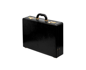 Brown leather suitcase with combination lock and gold locks isolated on white background. Briefcase for important business documents and papers.