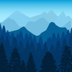 Nature vector background, landscape with mountains and pine forest. Panorama of mountains, valley with trees. EPS
