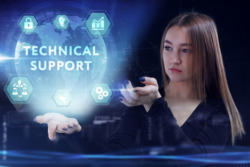 Business, Technology, Internet and network concept. Young businessman working on a virtual screen of the future and sees the inscription: Technical support