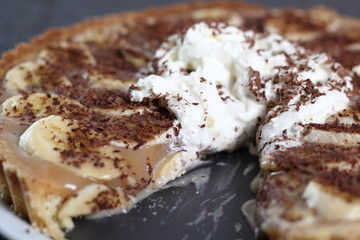 Boston Banoffee Pie. Biscuity Shortcrust Pastry with Caramel Fudge Filling and Banana Topping.