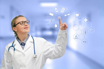 Doctor and technology. Medical doctor pressing finger on medical network connection icons on modern virtual screen interface in laboratory conditions, medical technology network concept.