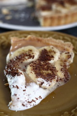 Boston Banoffee Pie. Biscuity Shortcrust Pastry with Caramel Fudge Filling and Banana Topping.