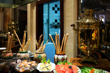 Different types of bread sticks, Salad and Jam kept fot morning breakfast