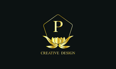 Design of magnificent royal vector monogram with letter P on black background. Stylish golden floral logo for business, restaurant, boutique, cafe, hotel and more.