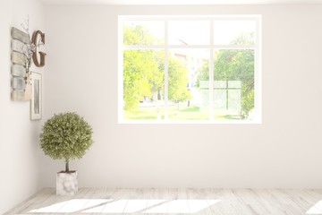 Stylish empty room in white color with summer landscape in window. Scandinavian interior design. 3D illustration