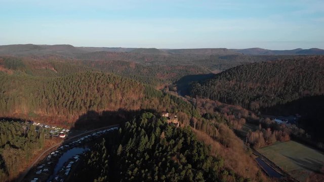 Aerial shot of Neudahn Castle located in the Palatine Forest, Germany.
