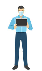 The man in medical mask showing blank digital tablet PC. Full length portrait of man in a flat style.