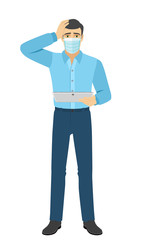 The man in medical mask holding digital tablet PC and grabbed his head. Full length portrait of man in a flat style.