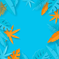 Tropical summer leaves - paper art - blue and orange summer background