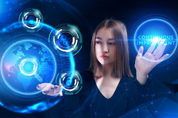 Business, Technology, Internet and network concept. Young businessman working on a virtual screen of the future and sees the inscription: Continuous improvement