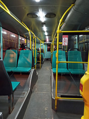 empty trolley bus riding along city during quarantine due to coronavirus