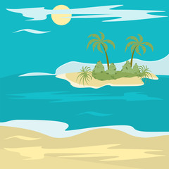 Fototapeta na wymiar Sea landscape - island, palm tree, sandy shore, clouds - vector. Tourism. Travels