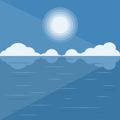 Sea landscape - clouds, reflection - blue background - vector. Tourism. Travels