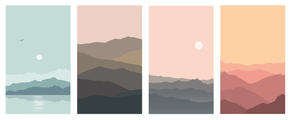 Naklejka na ściany i meble Set vector illustration of a beautiful mountain landscape at different times of the day, flat design.