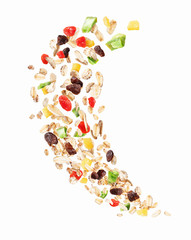 Oat flakes with dried berries and fruits isolated on a white background