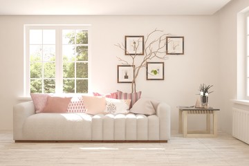 White living room with sofa and summer landscape in window. Scandinavian interior design. 3D illustration