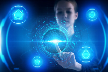 Obraz premium Business, Technology, Internet and network concept. Young businessman working on a virtual screen of the future and sees the inscription: Leadership