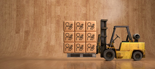 forklift with wooden boxes and vaccination icons in front of wooden background © fotogestoeber